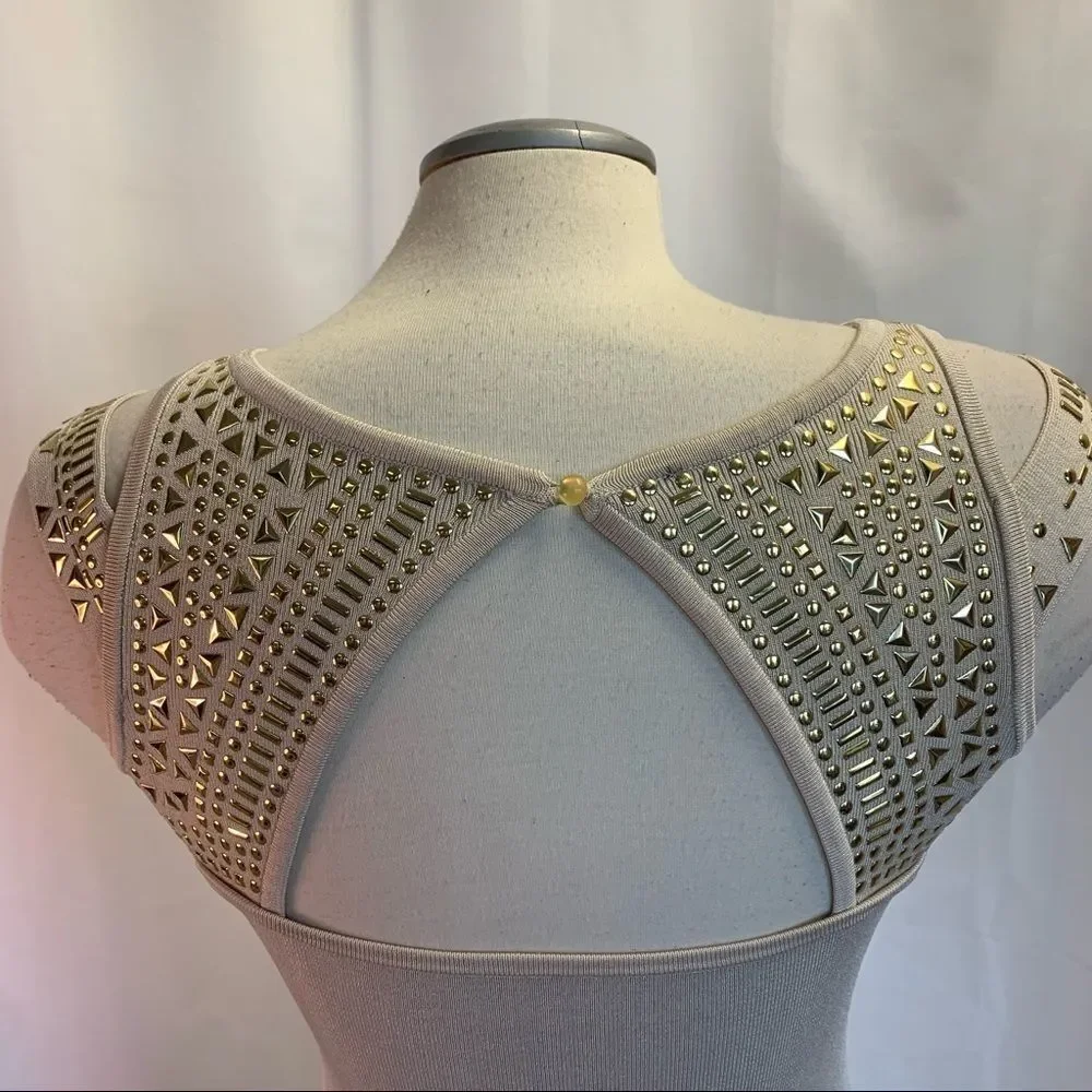 BEBE tan gold embellished bandage dress Sz medium - Picture 4 of 10